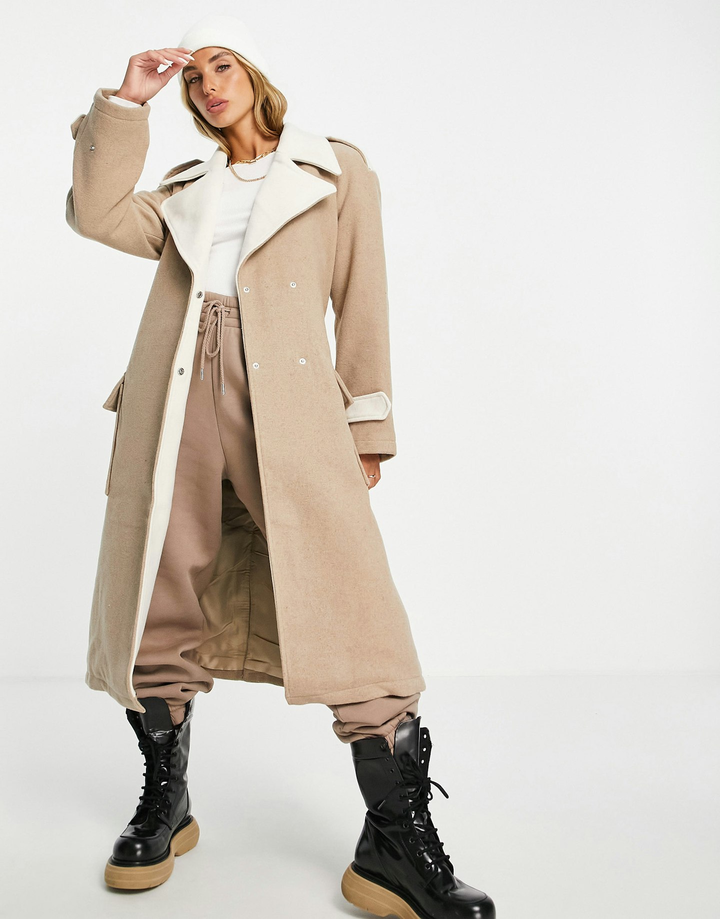 Vila belted wool mac with contrast detail in camel