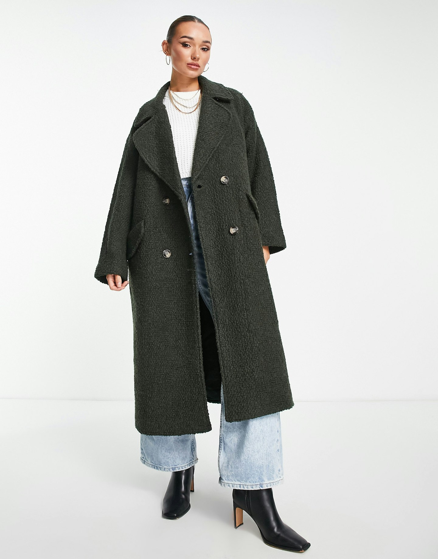 ASOS DESIGN smart double breasted boucle wool mix coat in khaki