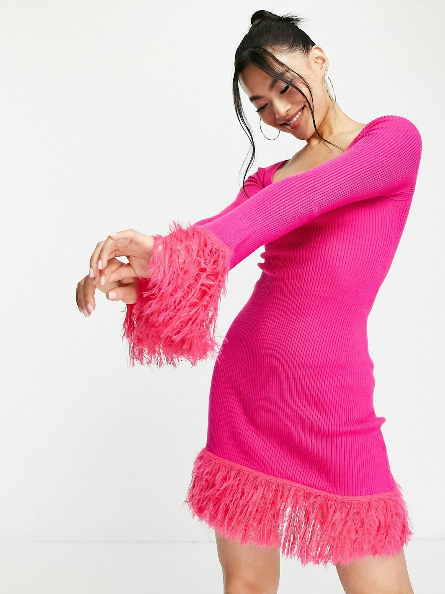 ASOS DESIGN knitted mini dress with feather hem in pink