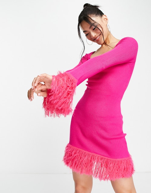 ASOS DESIGN knitted mini dress with feather hem in pink