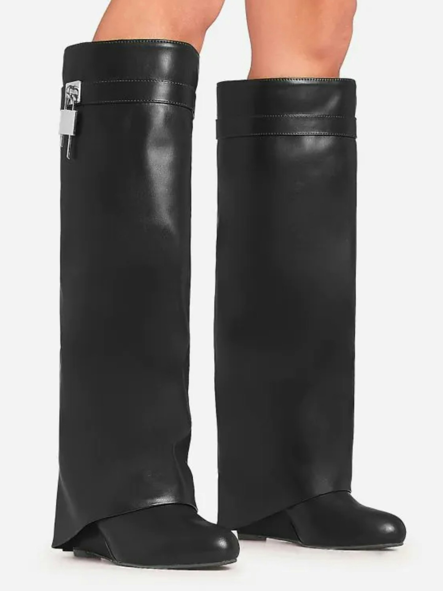 EGO I-Am-The-One Padlock Detail Wedge Heel Knee High Long Boot In Black Faux Leather
