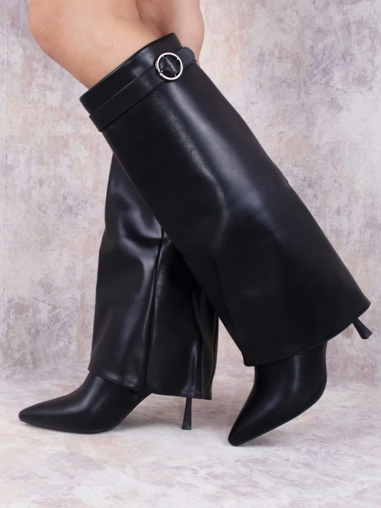 Miss Moda Luxe Black Stiletto Leather Fold Over Shark Buckle Knee High Boot