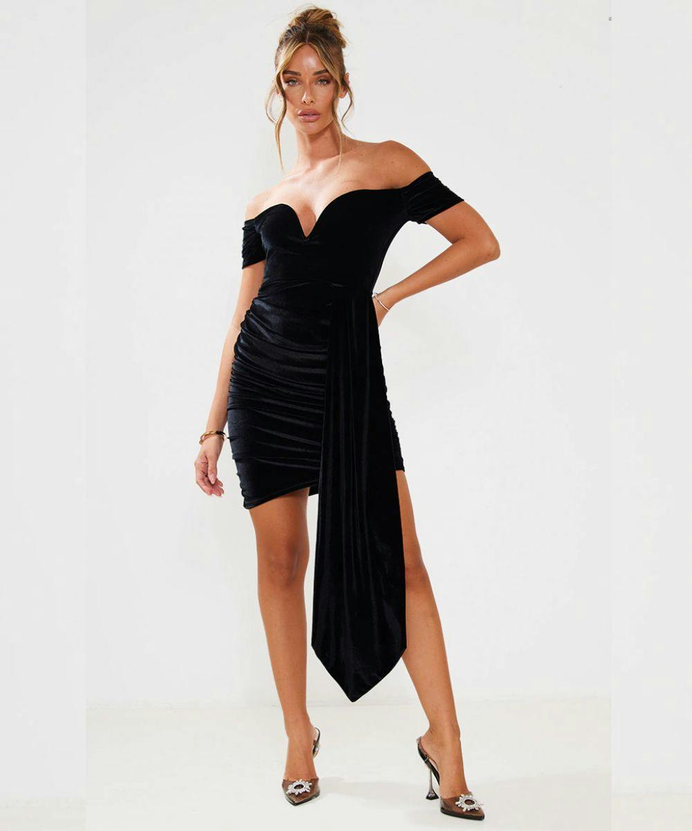 Princess Diana S Revenge Dress Dupes For Just 30   PrettyLittleThing Black Velvet V Bar Bardot Drape Ruched Midi Dress 