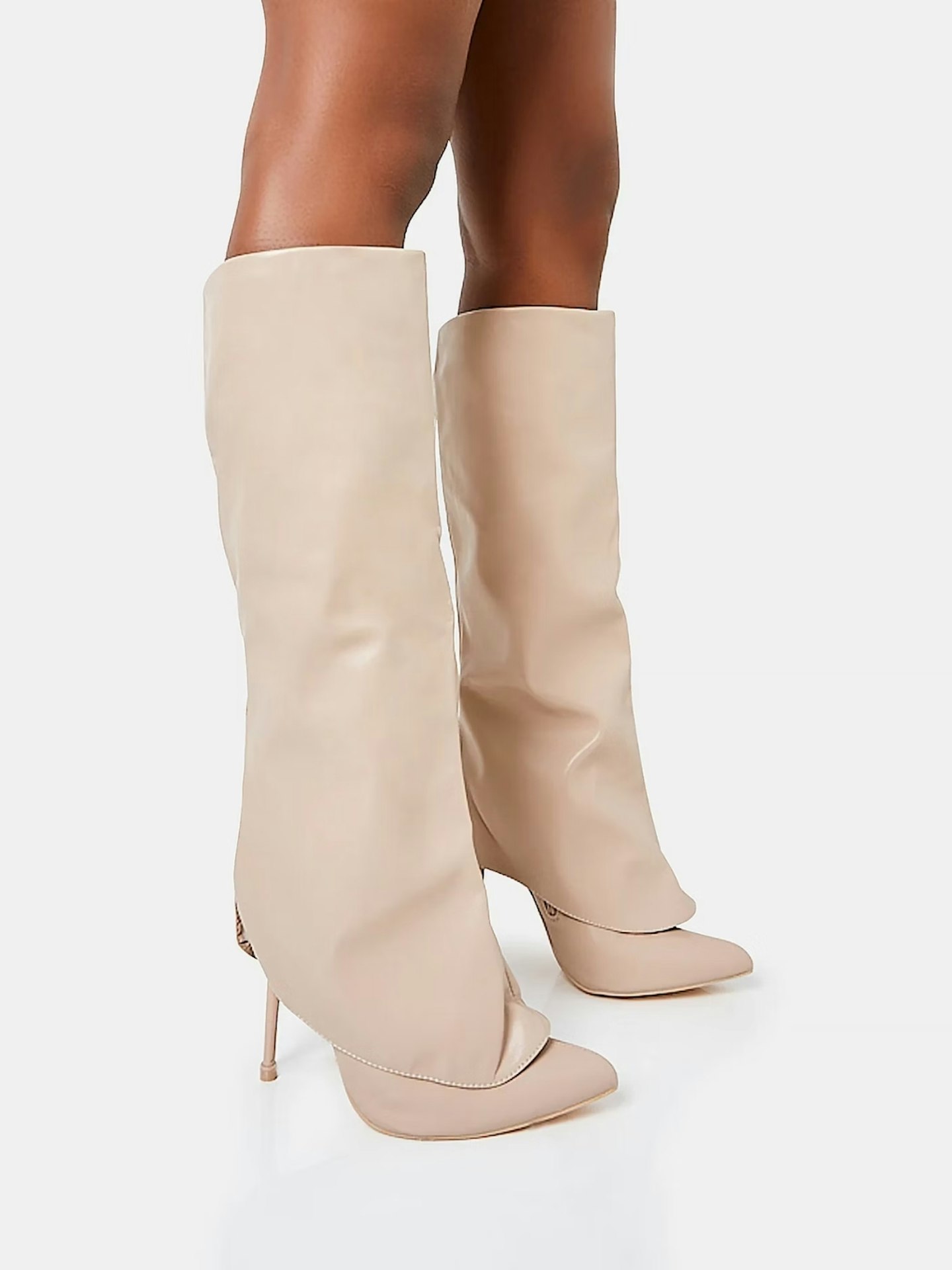 Public Desire All Yours Nude Pu Fold Over Pointed Toe Stiletto Knee High Boots