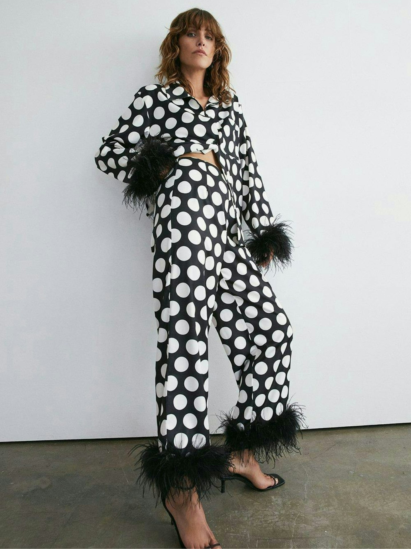 Warehouse spot satin feather cuff shirt and wide crop trouser