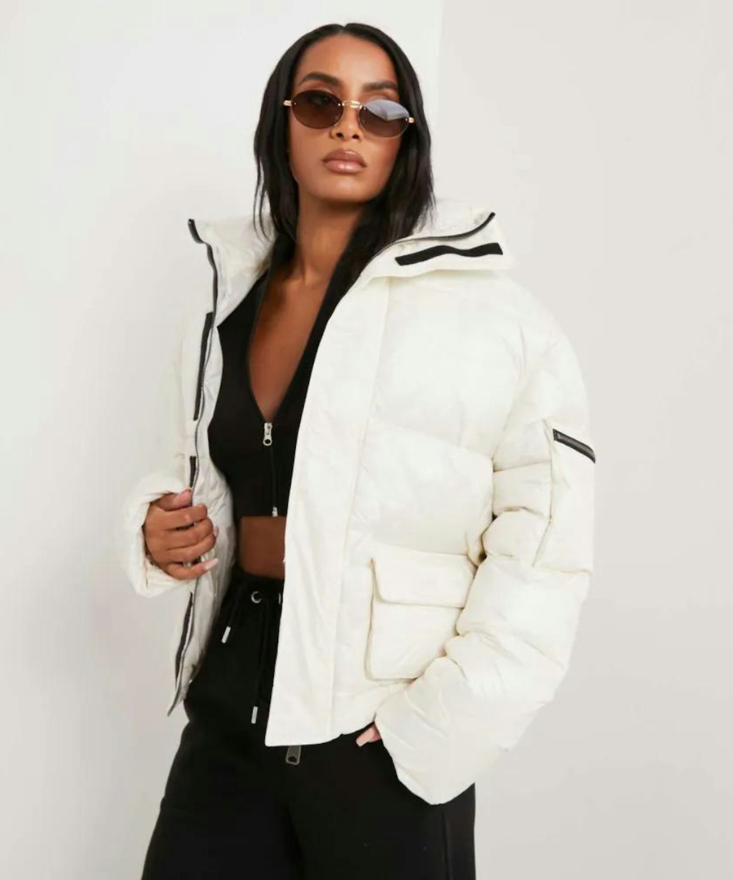 Amur Super Oversized Zip Detail Puffa Jacket in Cream Nude
