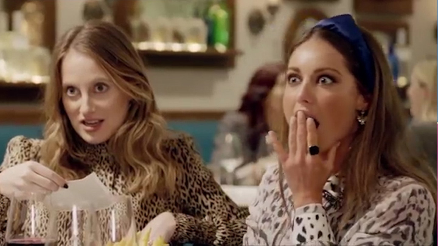 Rosie and Louise from Made in Chelsea look shocked at a fancy tea