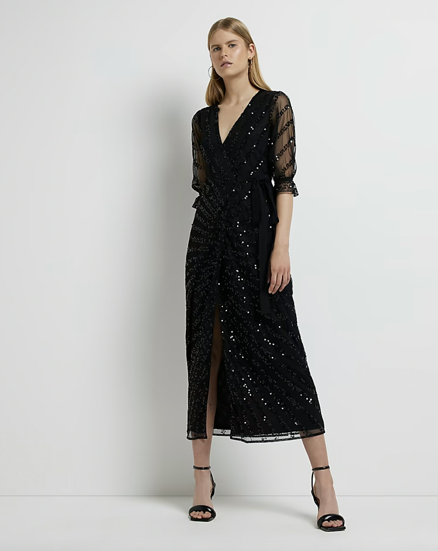 Black Sequin Wrap Midi Dress