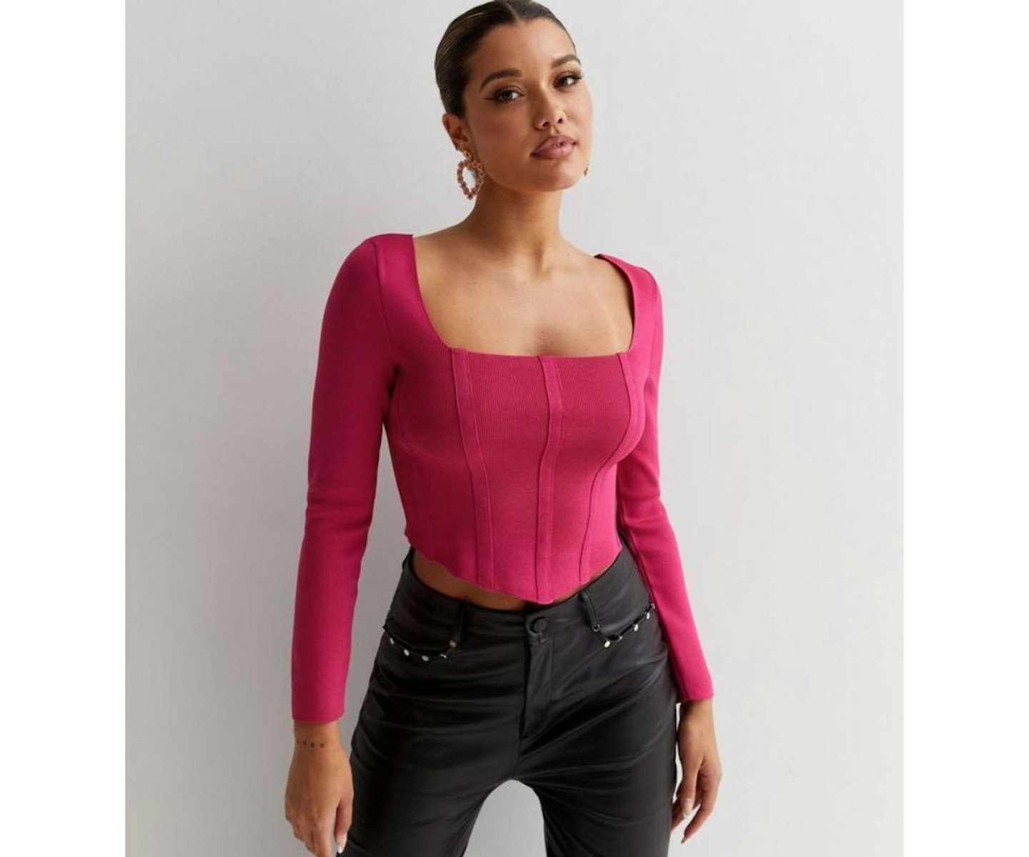 Mid Pink Ribbed Knit Long Sleeve Corset Top