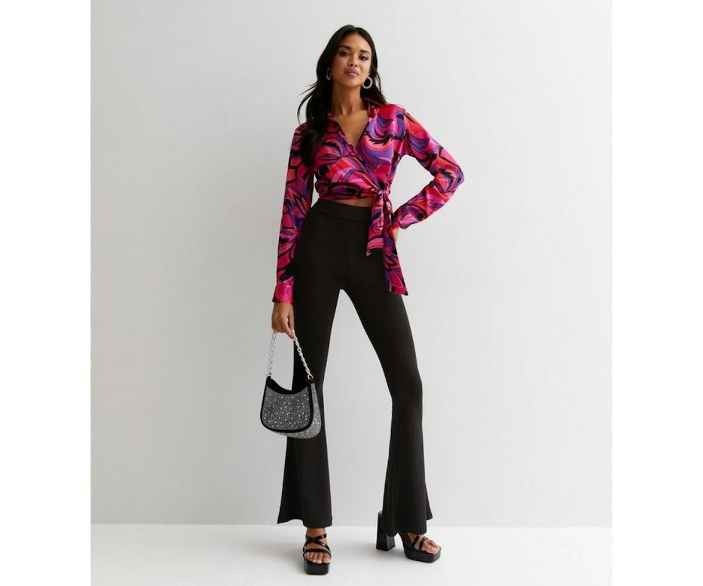 Red Swirl Pattern V Neck Long Sleeve Side Tie Shirt