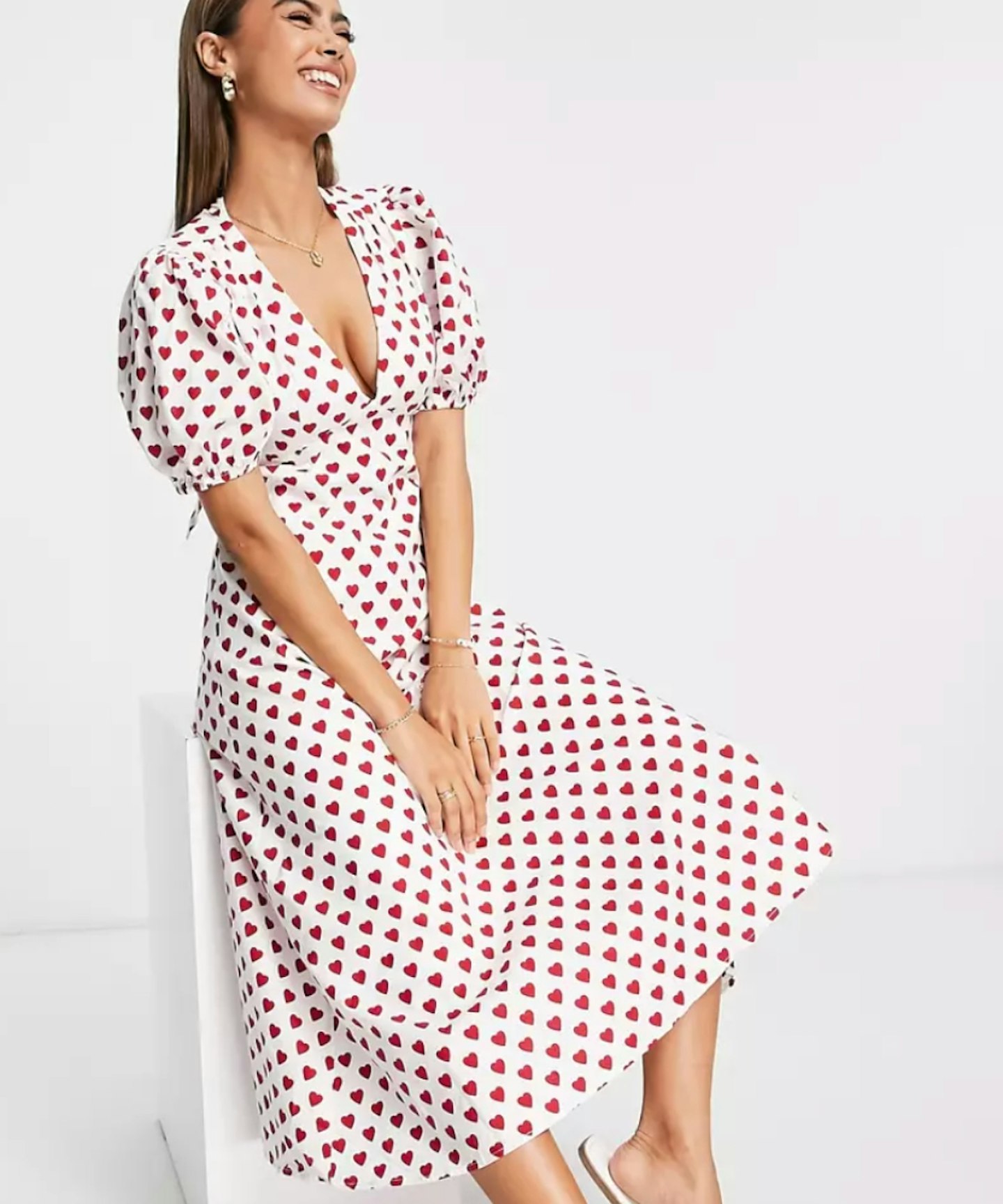 Urban Revivo Cut Out Midi Dress in Red Heart Print