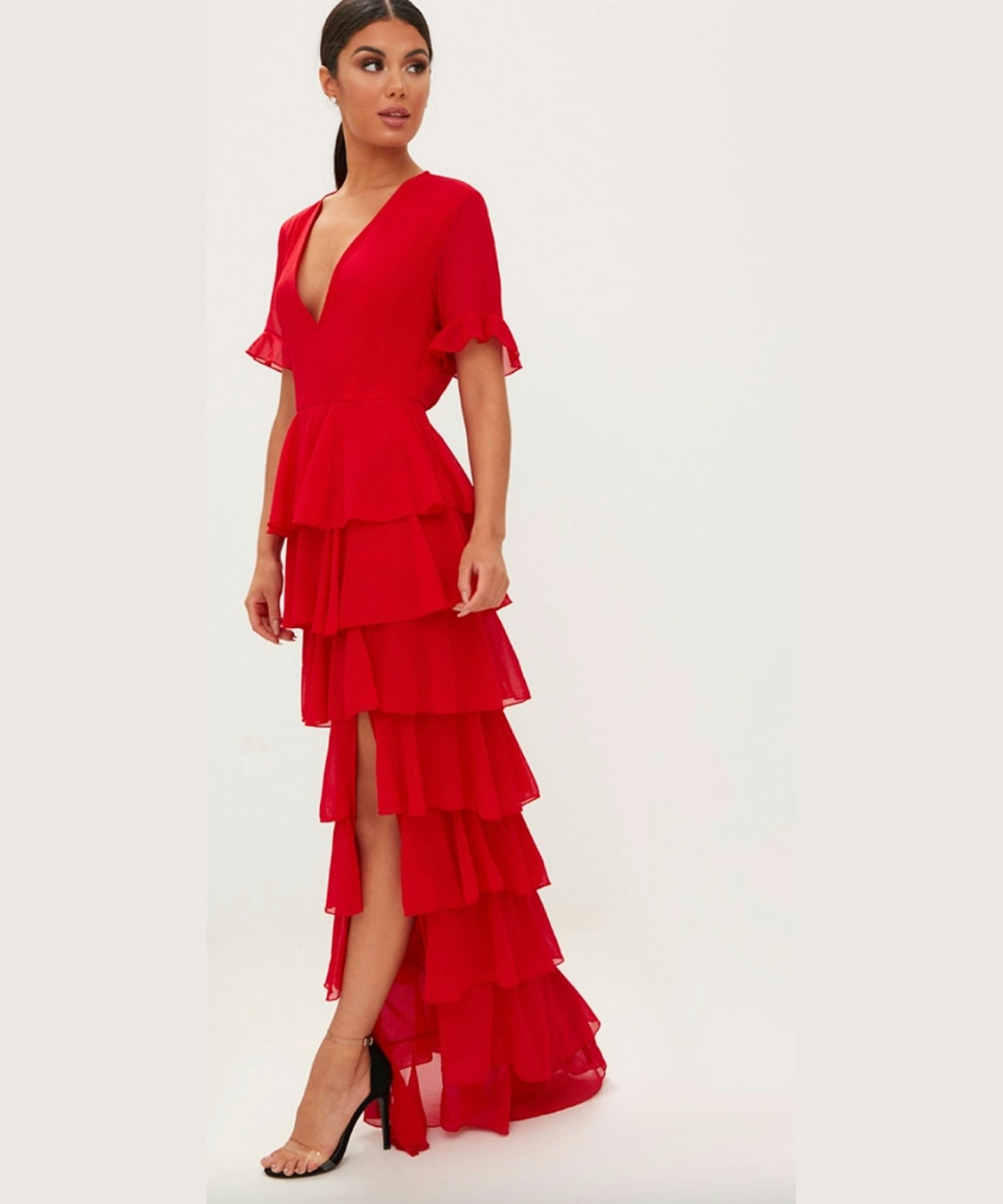 Red Chiffon Ruffle Layer Maxi Dress