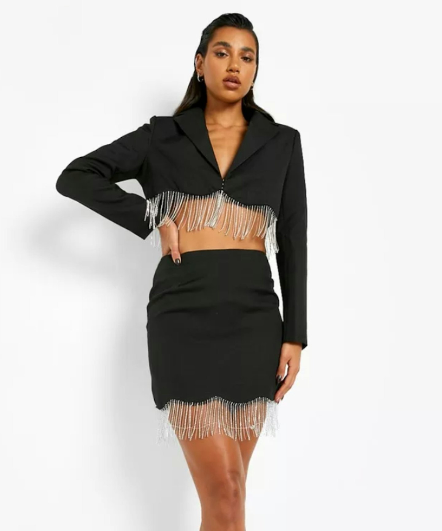 Diamante Tassel Scalloped Hem Mini Skirt