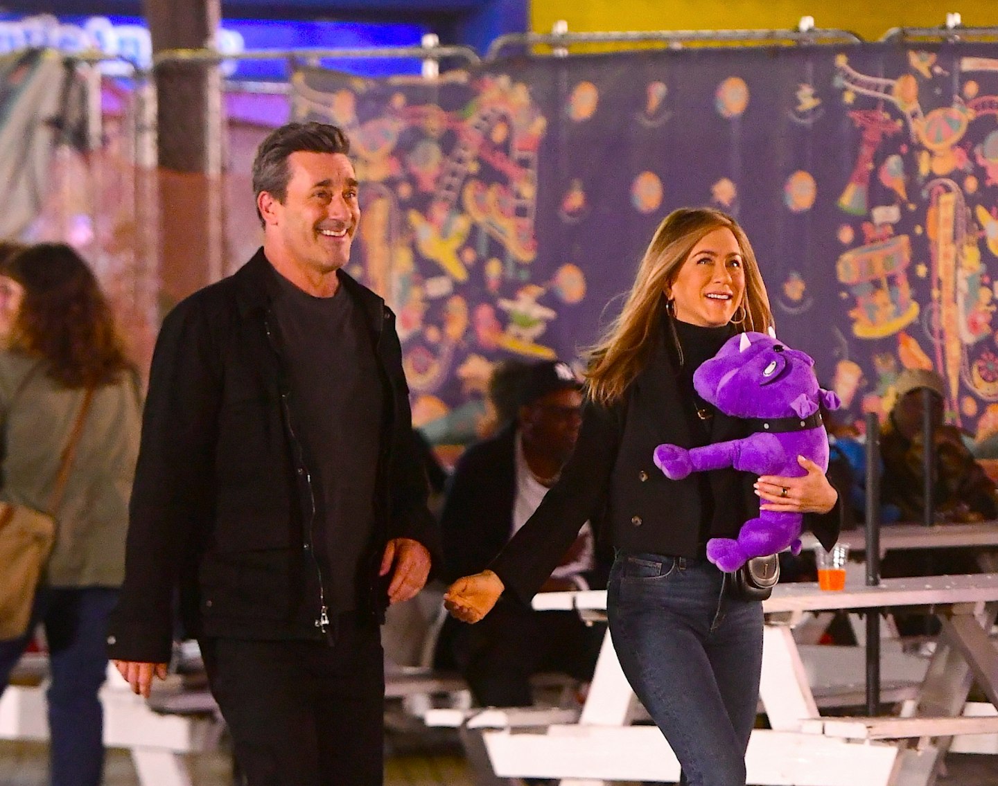 Jennifer Aniston and Jon Hamm filming The Morning Show