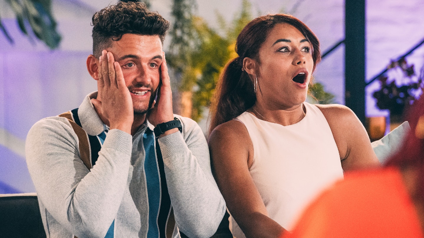 Married At First Sight UK's Jordan and Chanita looking shocked at a commitment ceremony