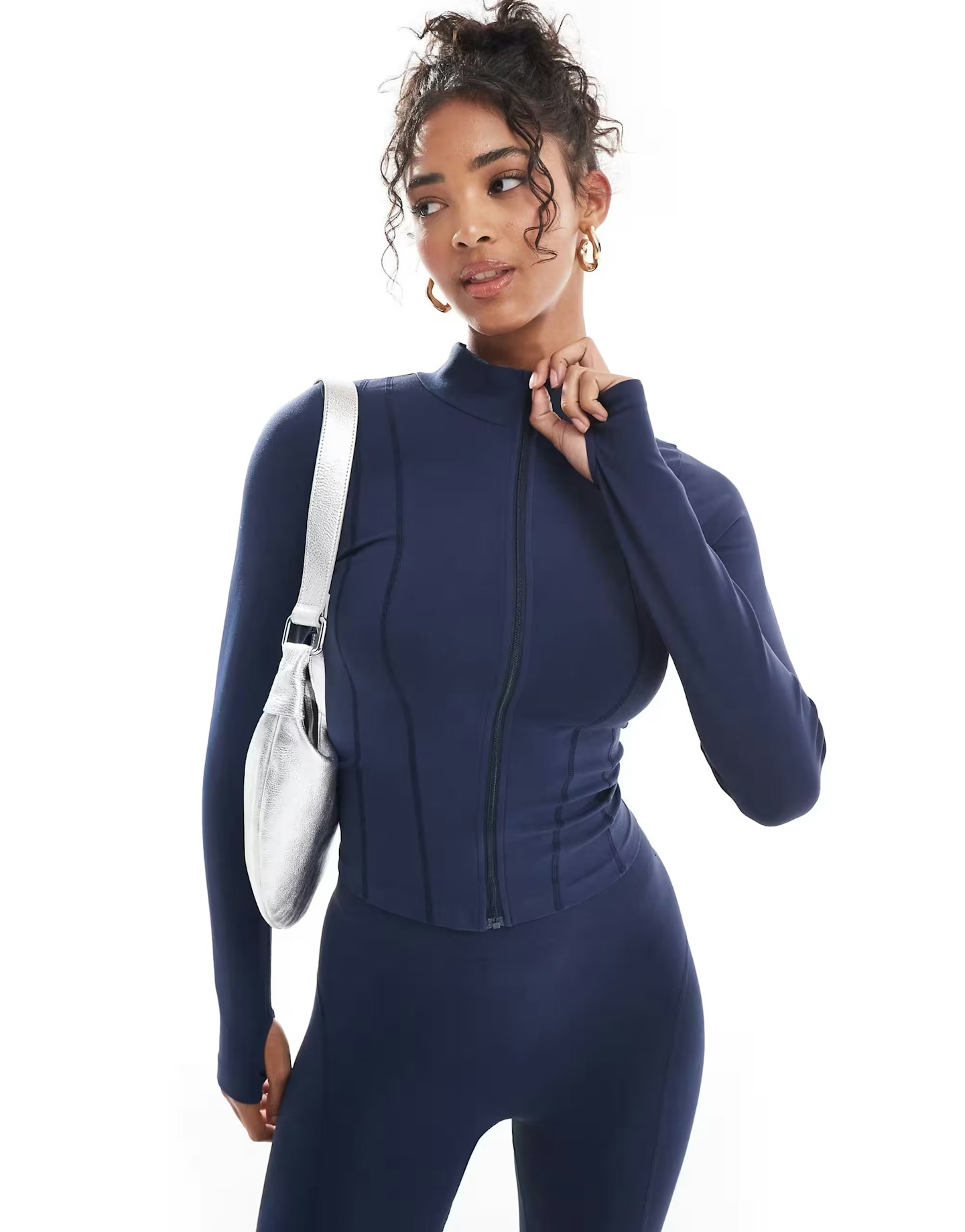 ASOS DESIGN Aeamless Sculpting Long Sleeve Zip Through Top Co-Ord With Seam Detail In Navy