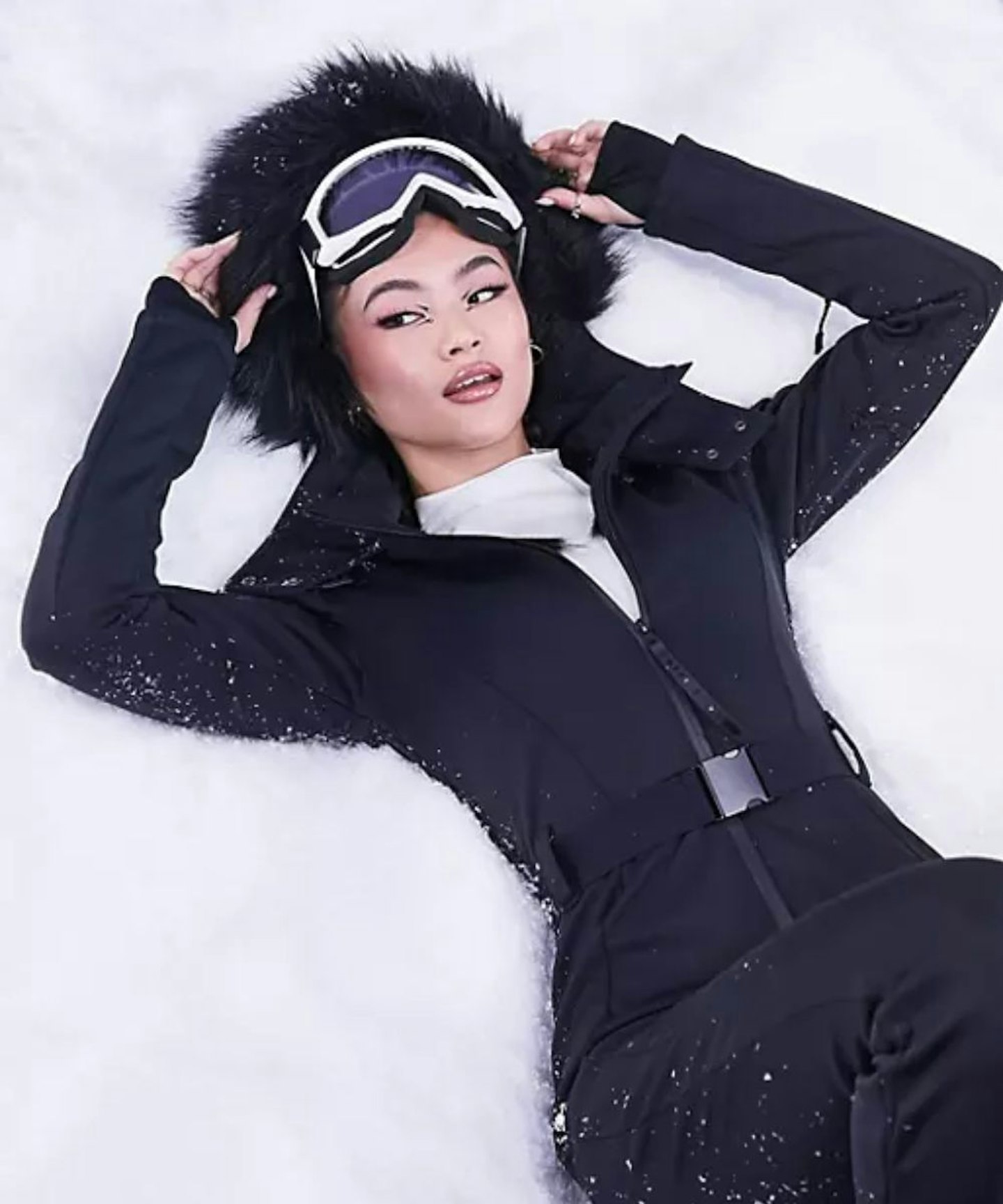 ASOS 4505 ski belted ski suit with slim kick leg and faux fur hood