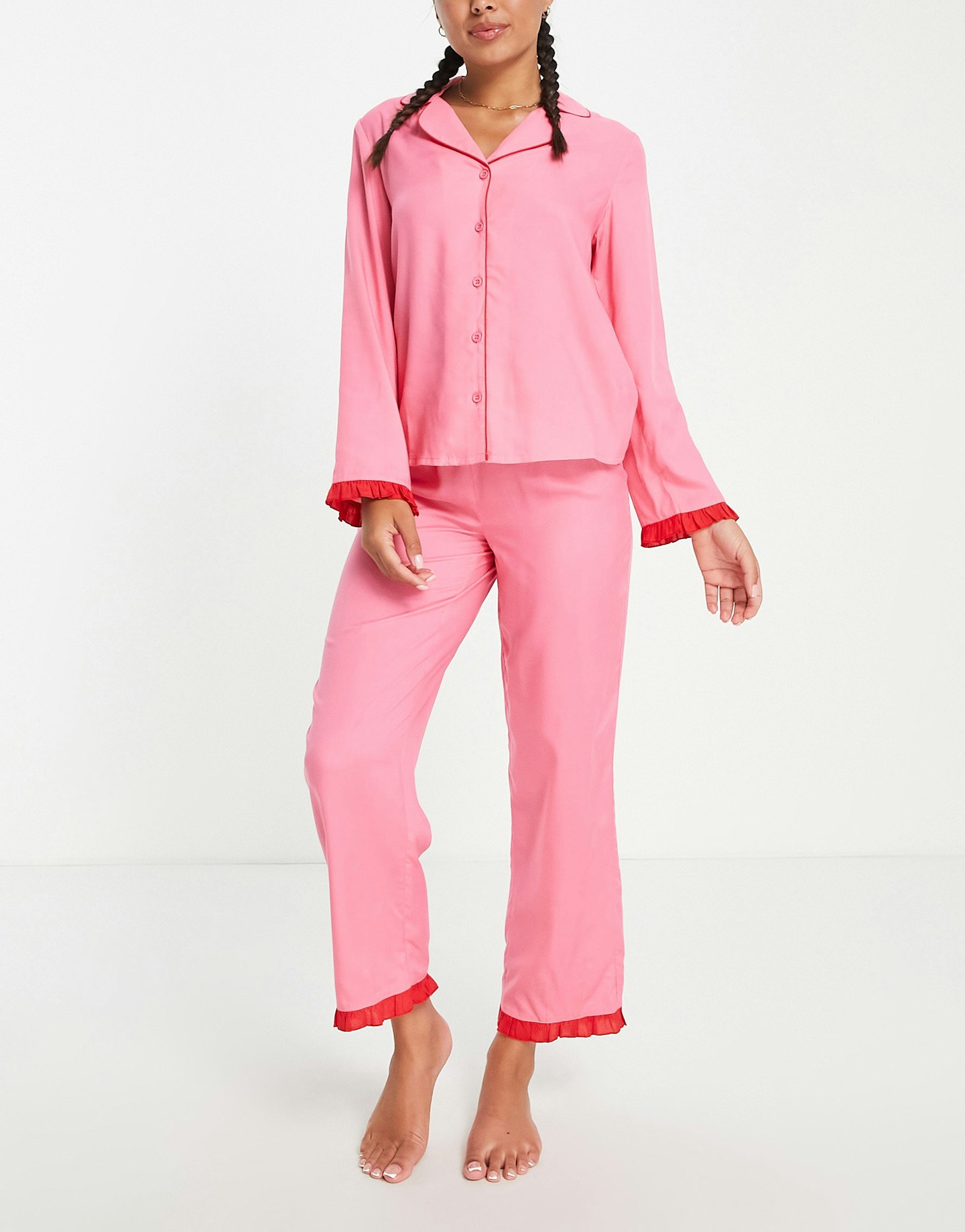 ASOS DESIGN Mix & Match Modal Pyjama Set with Contrast Frill in Pink & Red