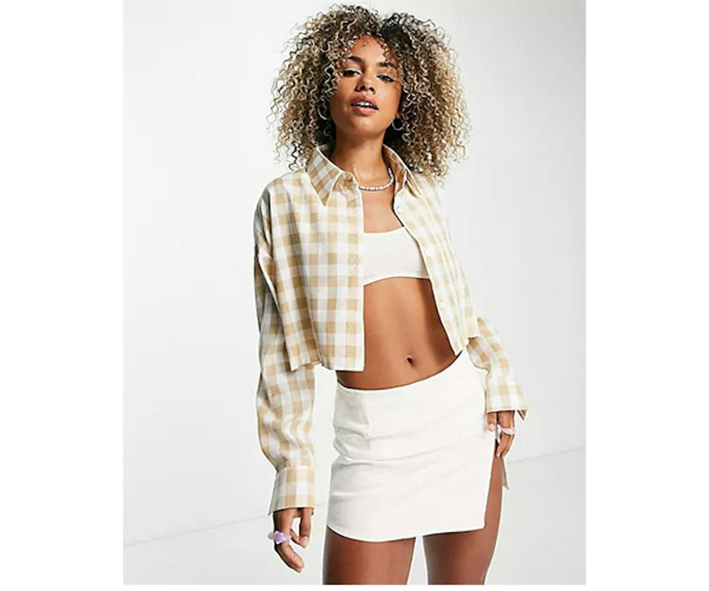 Heartbreak cropped shirt co-ord in beige gingham