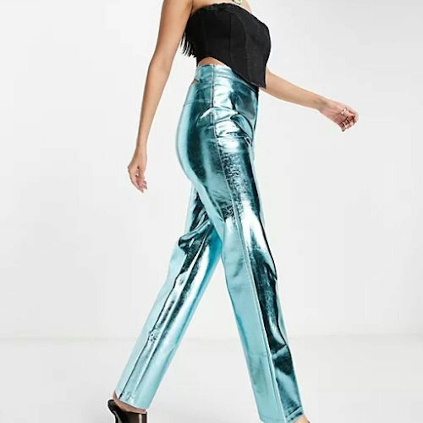 COLLUSION Metallic Faux Leather Straight Leg Trousers in Blue