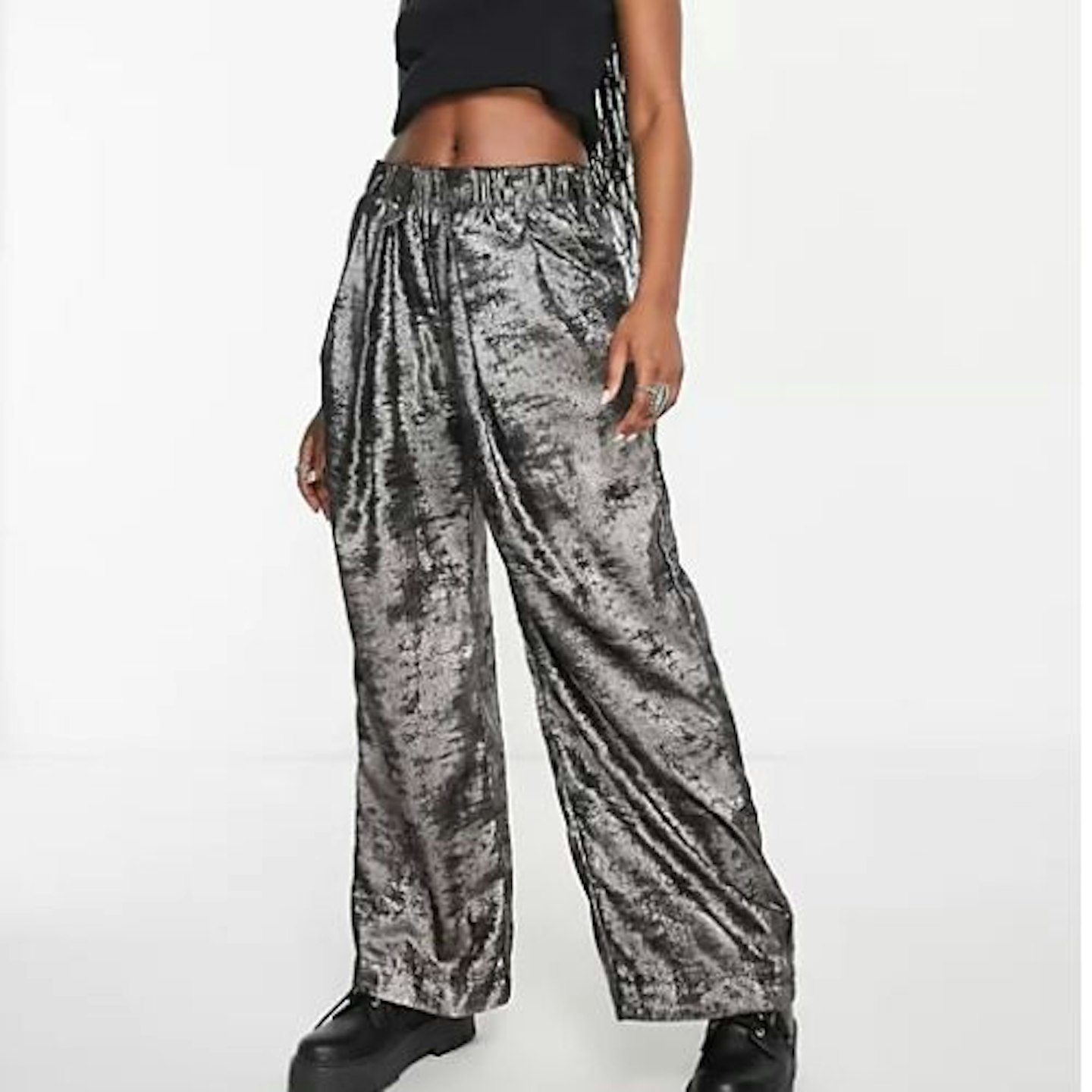 Free People Wide Leg Trousers in Metallic Gunmetal Grey