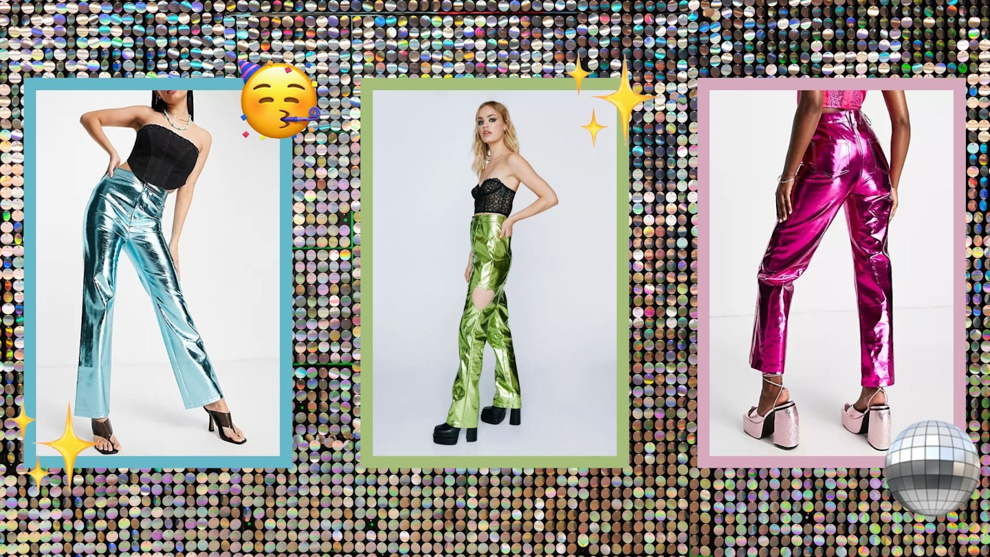 Various metallic Trousers on Disco, Sequined Background