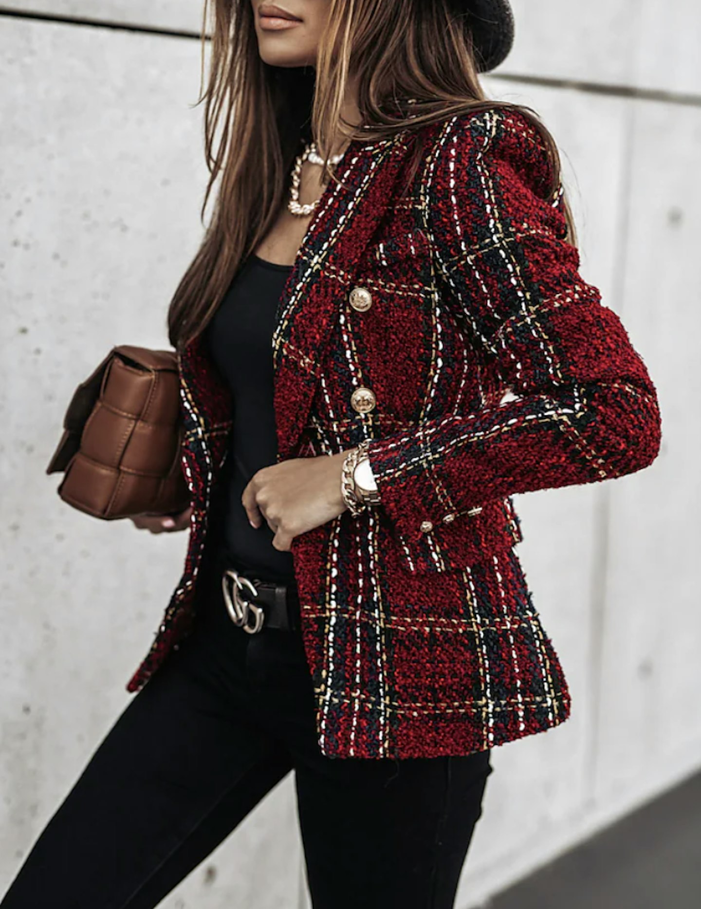 Women's Blazer Tweed Plaid Long Sleeve Coat