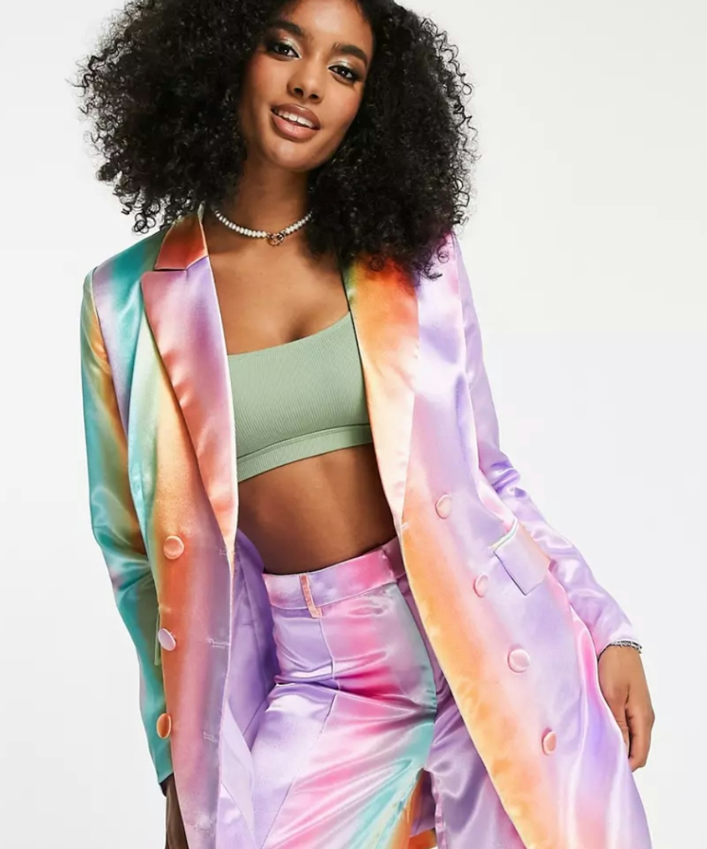 Liquorish Satin Tailored Double Breast Blazer in Ombre Multi Co ORD