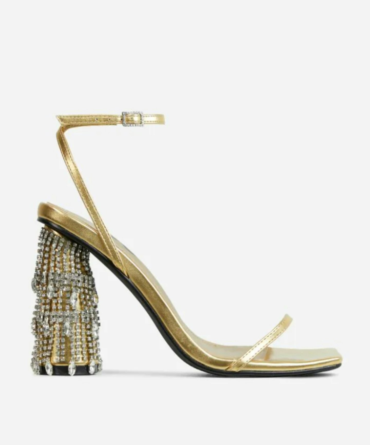 Chalston Square Toe Diamante Tassel Detail Round Block Heel in Gold Faux Leather