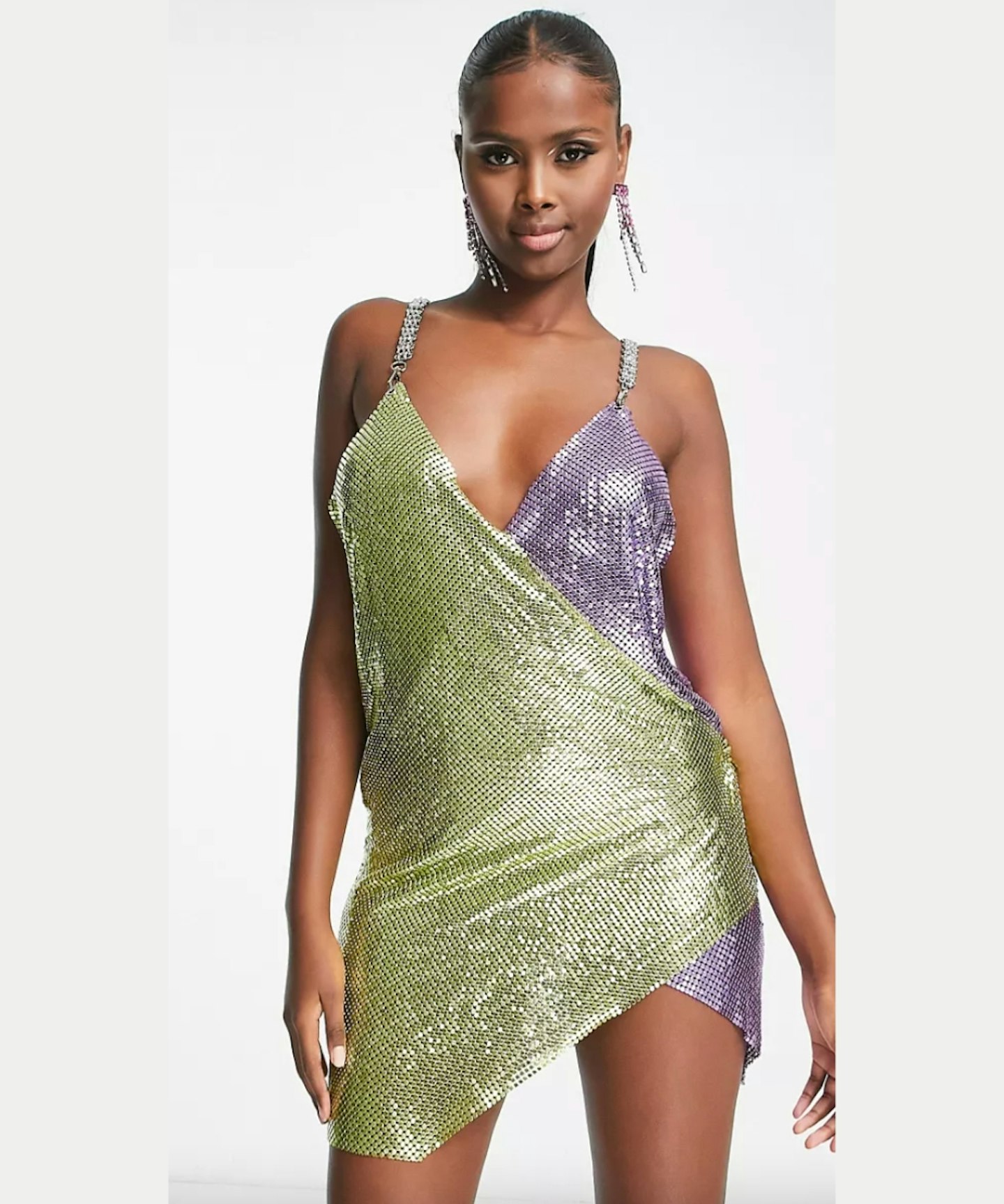 Simmi Embellished Chainmail Strappy Contrast Wrap Over Mini Dress in Multi