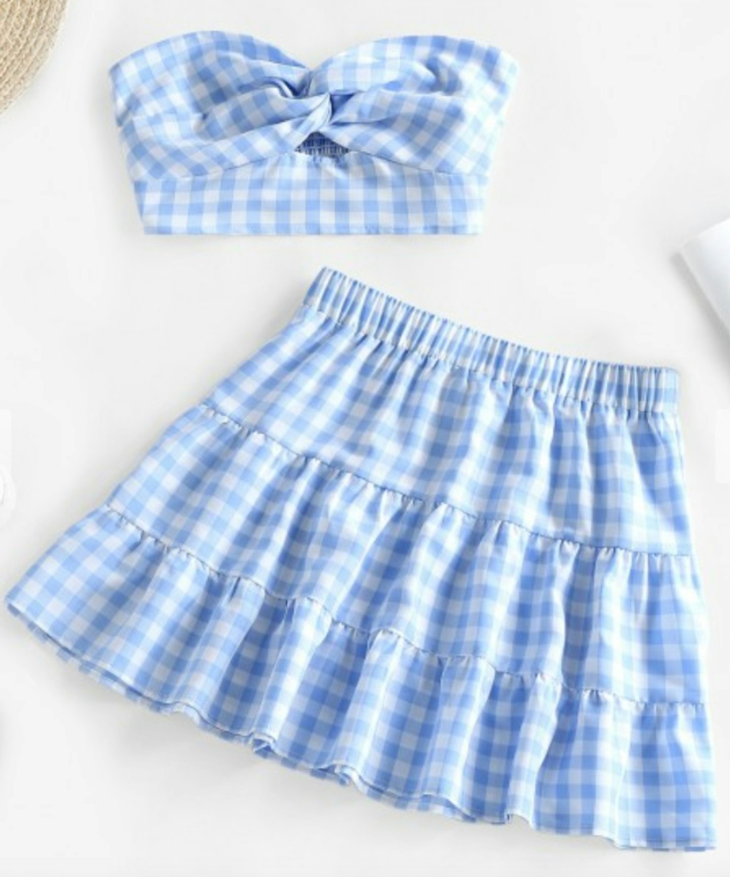 ZAFUL Strapless Twist Gingham Crop Top And Skirt Set - Light Blue