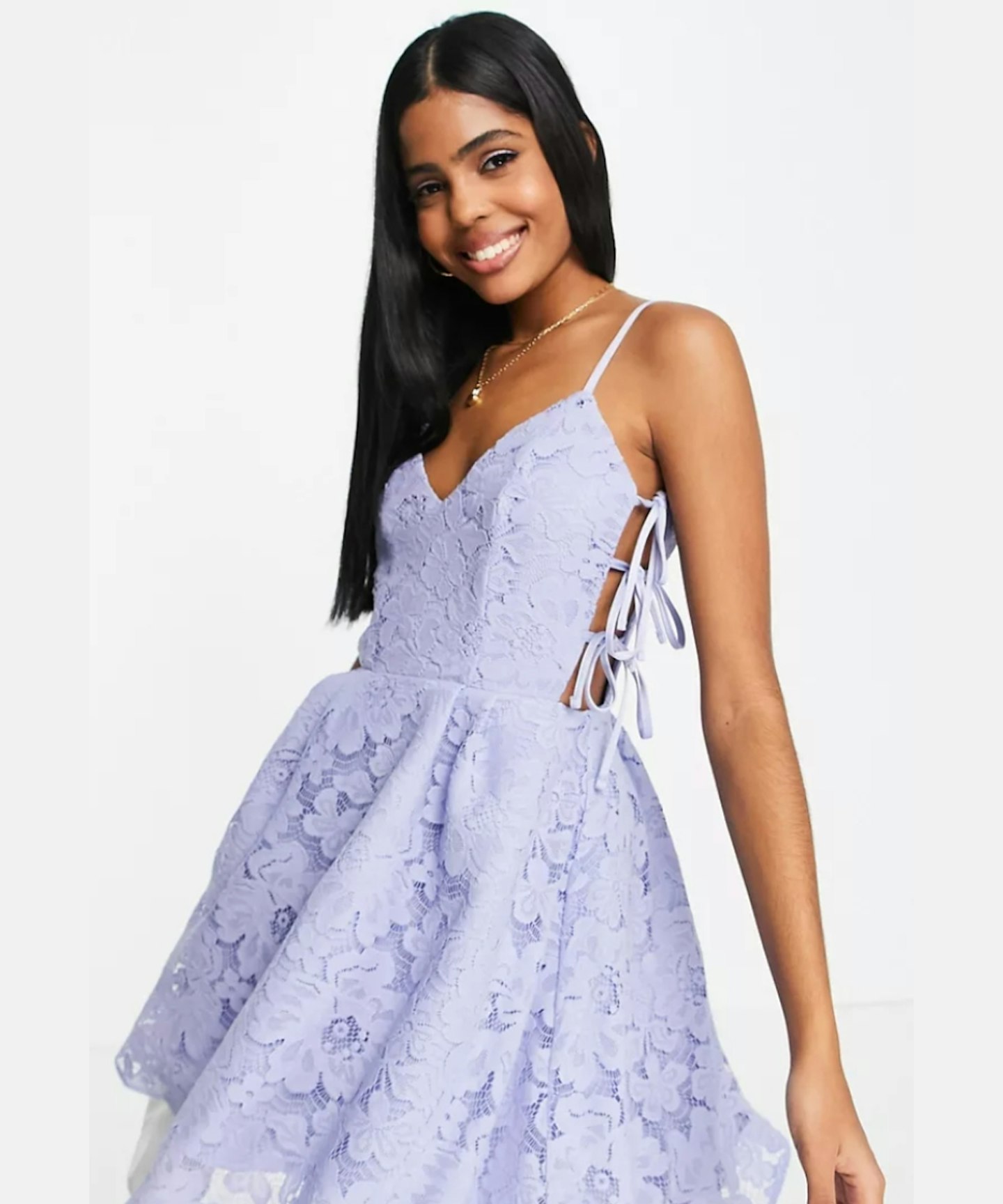 Miss Selfridge Lace Tie Side Mini Prom Dress in Blue