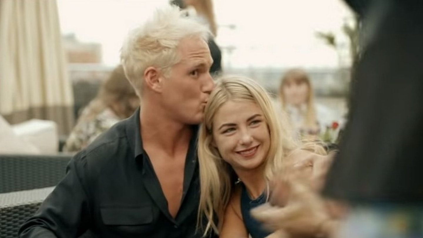 Jamie Laing kissing Jess Woodley on the head in Made in Chelsea