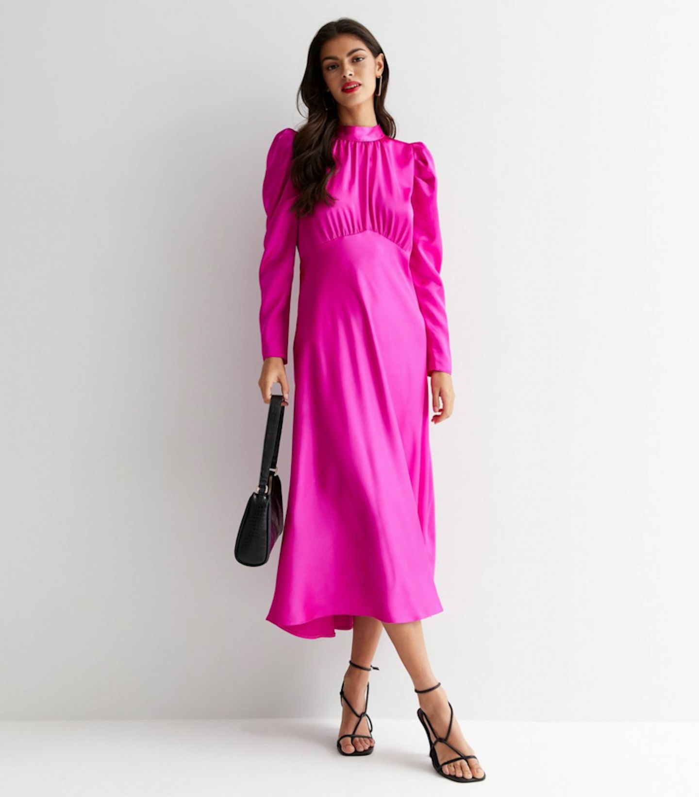 Bright Pink Satin High Neck Long Sleeve Midi Dress