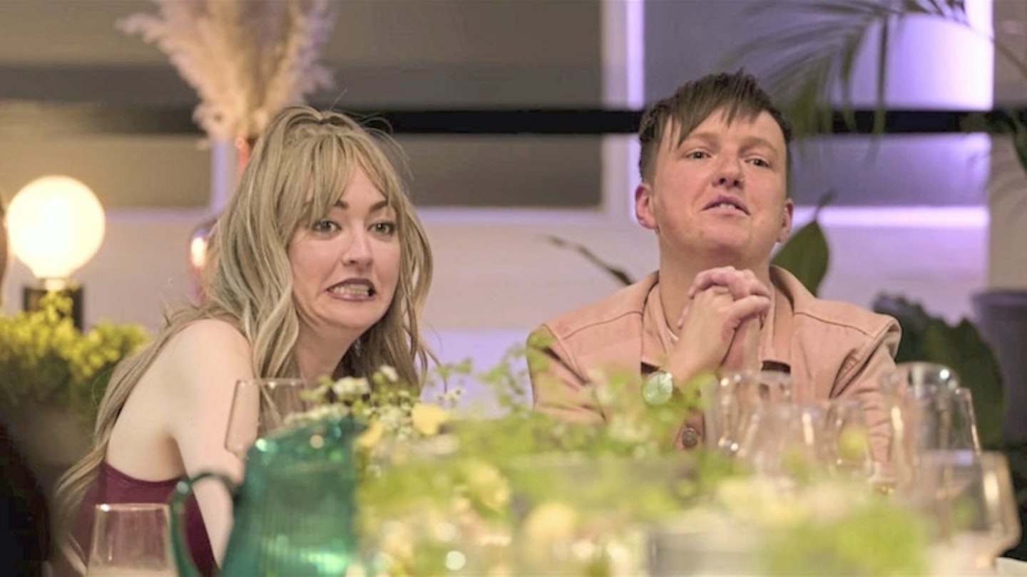 Married At First Sight UK's Jenna Robinson and Zoe Clifton at a dinner party