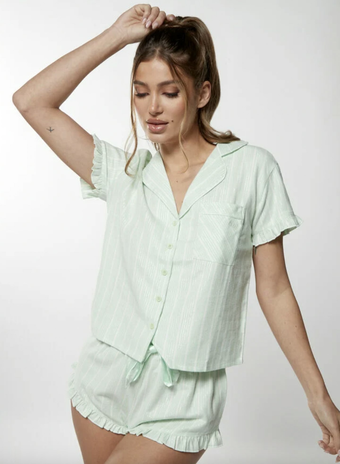 Stripe cotton frill revere and shorts set