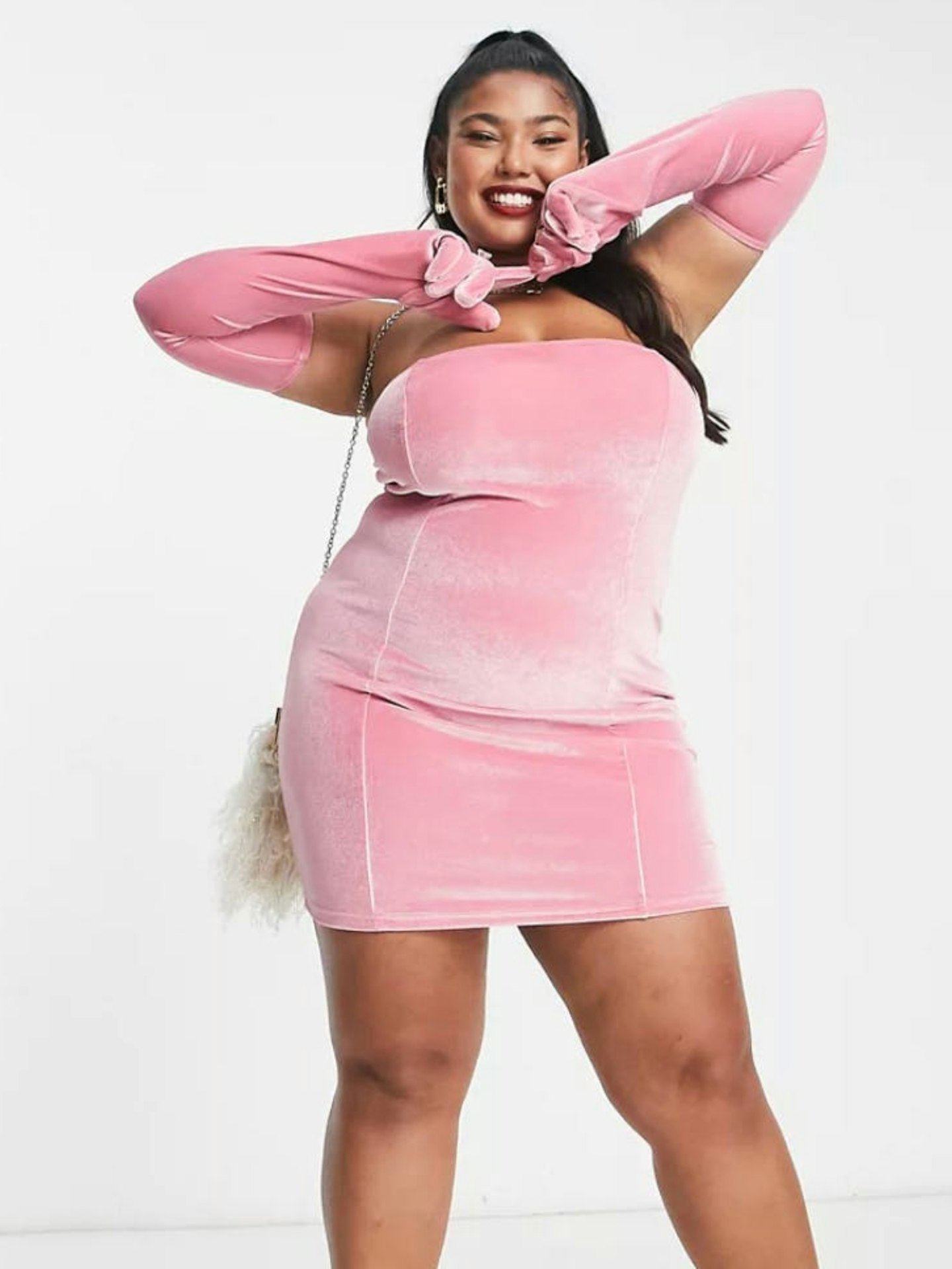 The Frolic Plus velvet bandeau mini dress with gloves in pink velvet