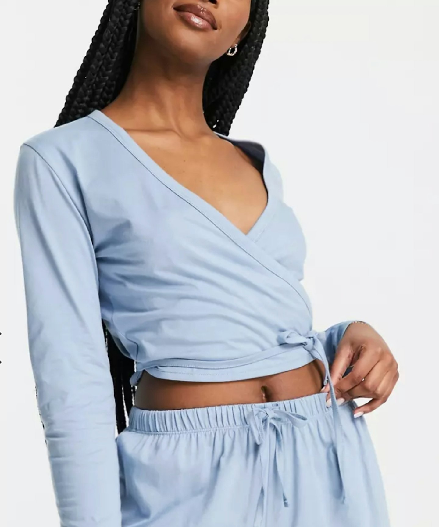 ASOS DESIGN Mix & Match Cotton Pyjama Long Sleeve Wrap Top in Blue