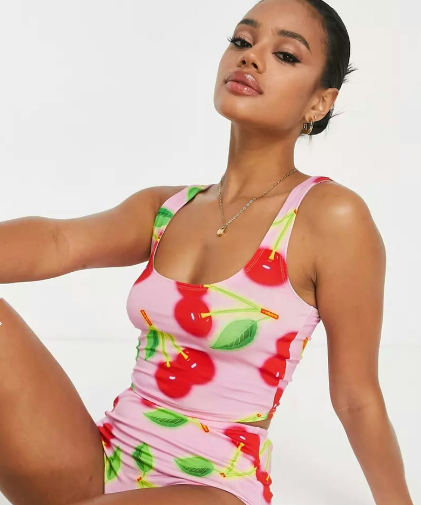 ASOS DESIGN Cherry Vest & Knicker Short Pyjama Set in Pink