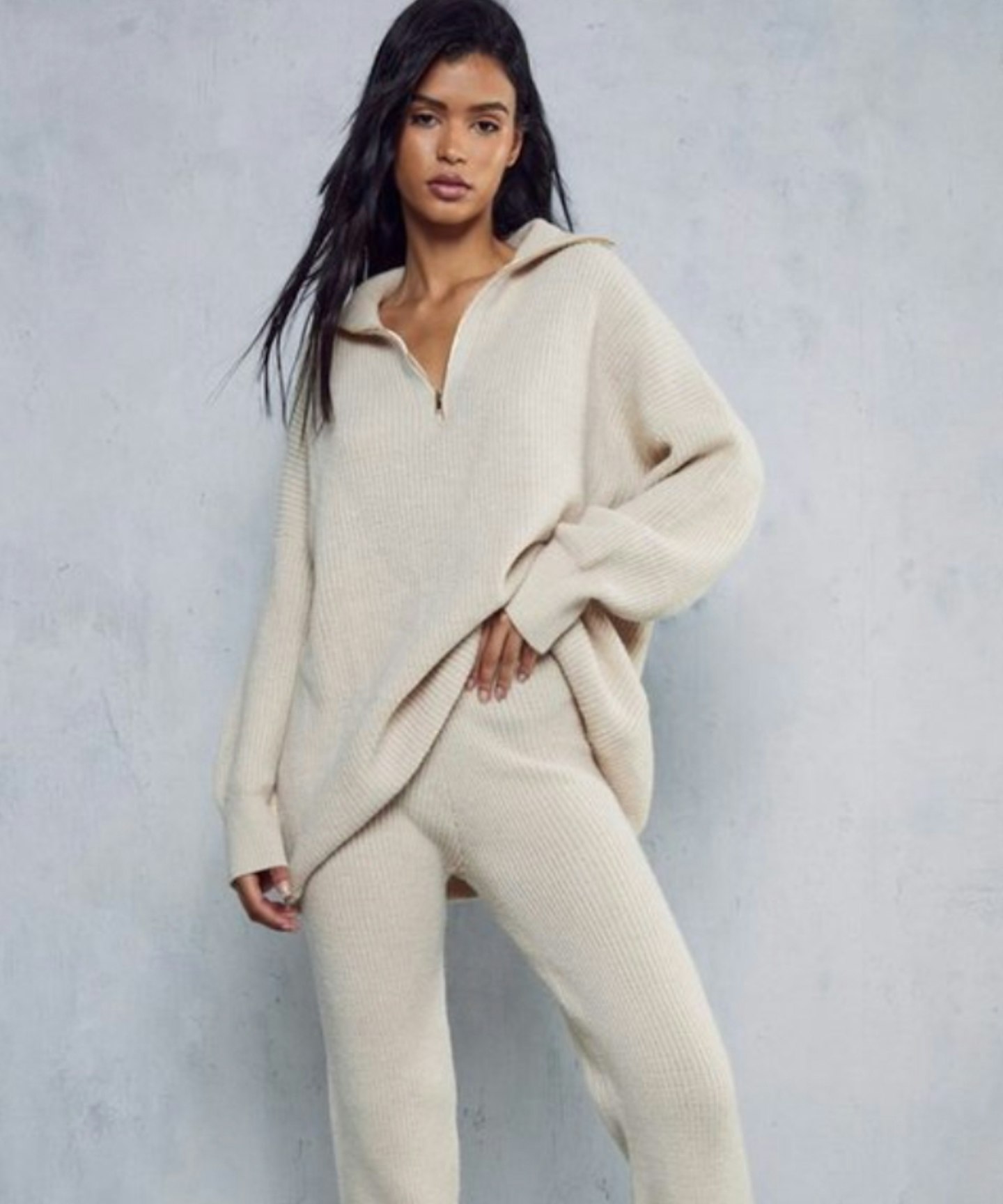 Oversized Rib Knit Zip Up Co-ord