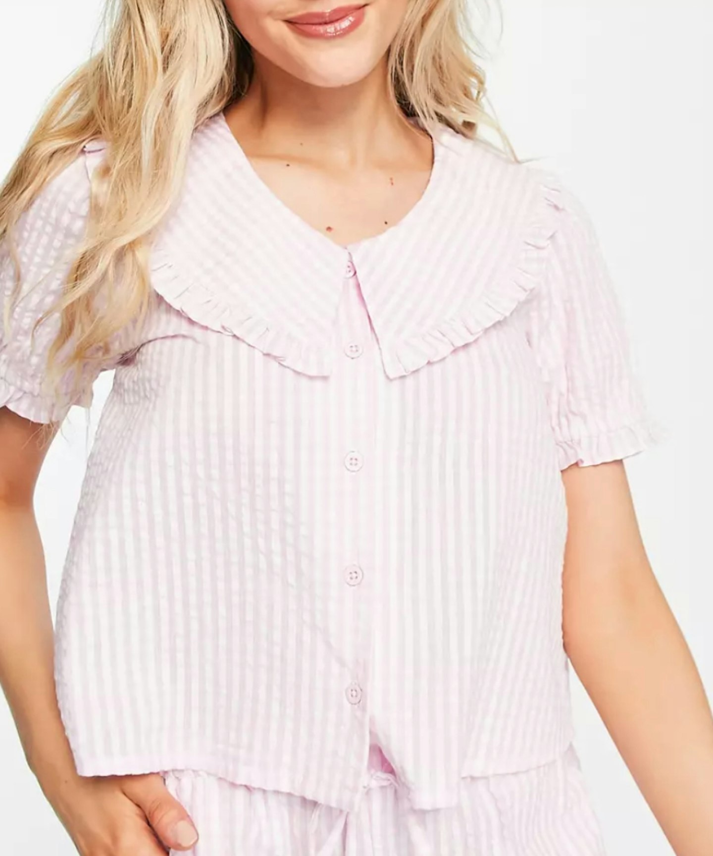ASOS DESIGN Mix & Match Gingham Seersucker Pyjama Shirt with Oversized Collar in Pink