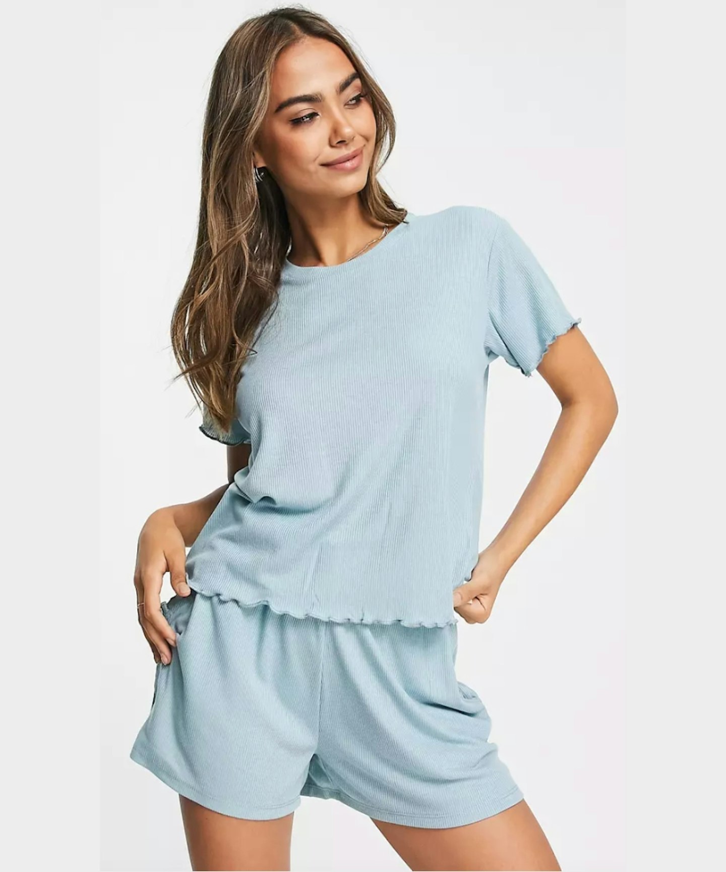 Chelsea Peers Rib T-Shirt and Short Pyjama Set in Blue