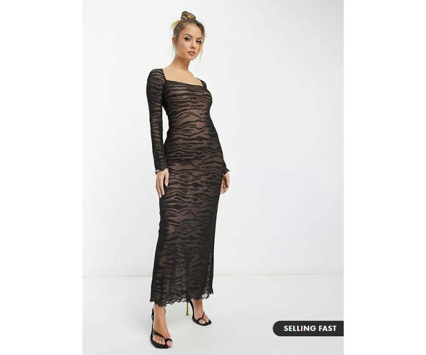ASOS DESIGN mesh long sleeve midi dress with lattice Back in zebra print