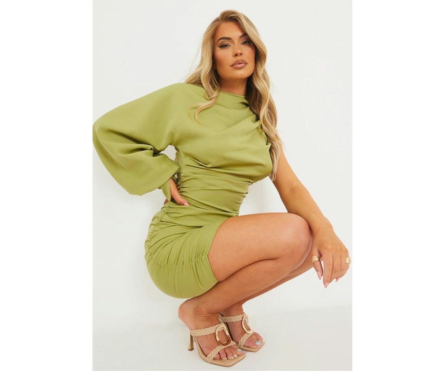 Sage Green One Sleeve Ruched Woven Bodycon Dress 