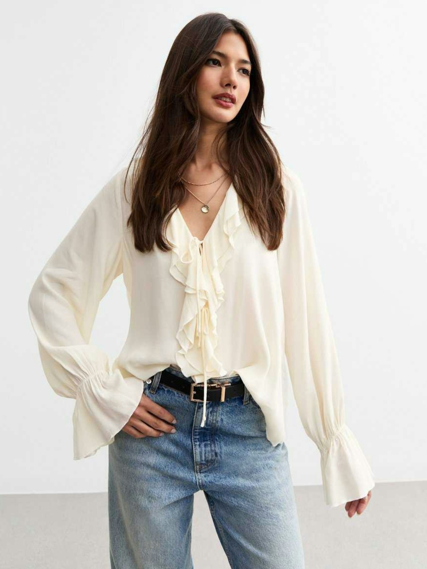 New Look Off White Ruffle Trim Crepe Blouse