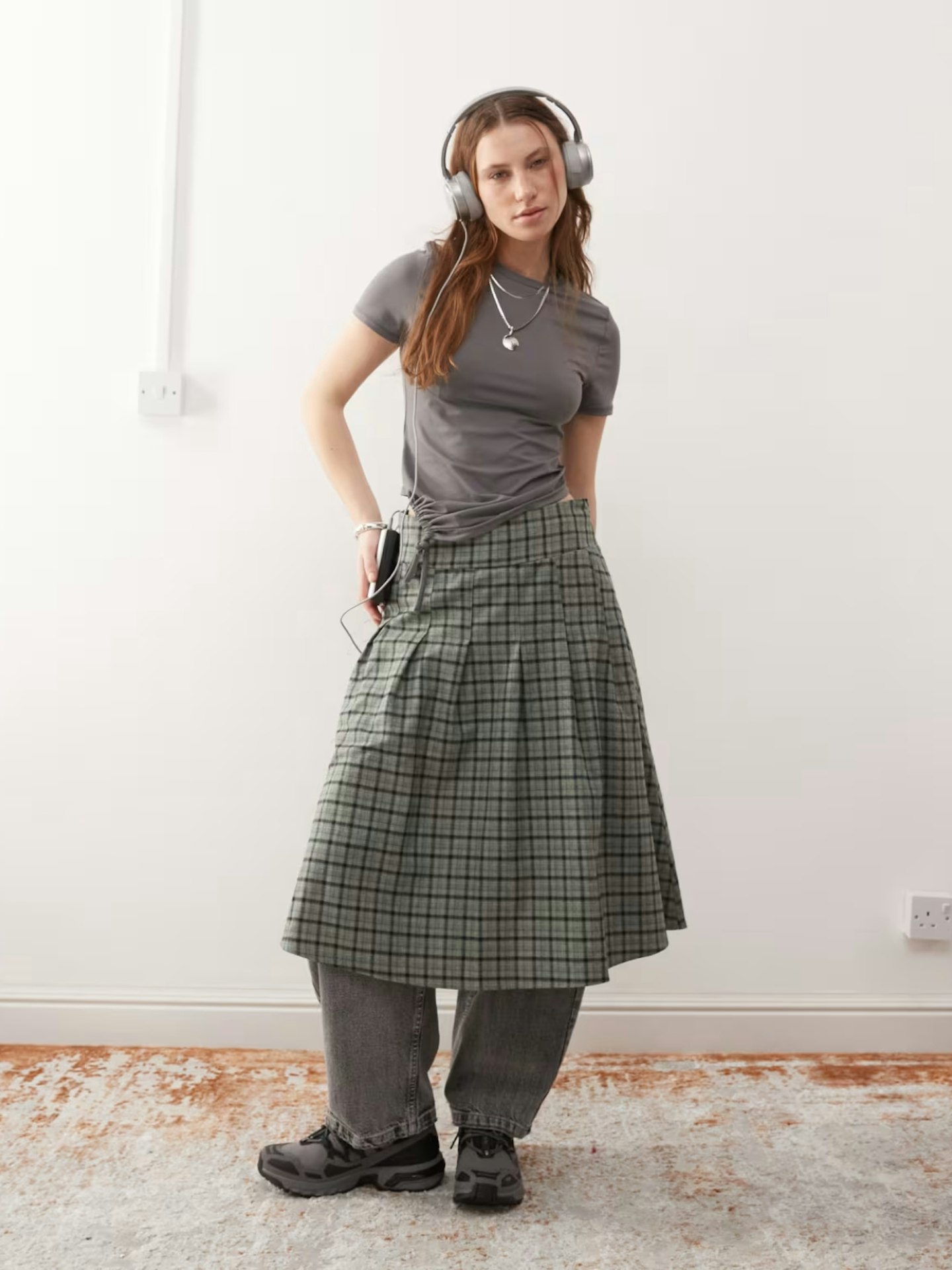 ASOS Reclaimed Vintage Pleated Midi Kilt Skirt In Check