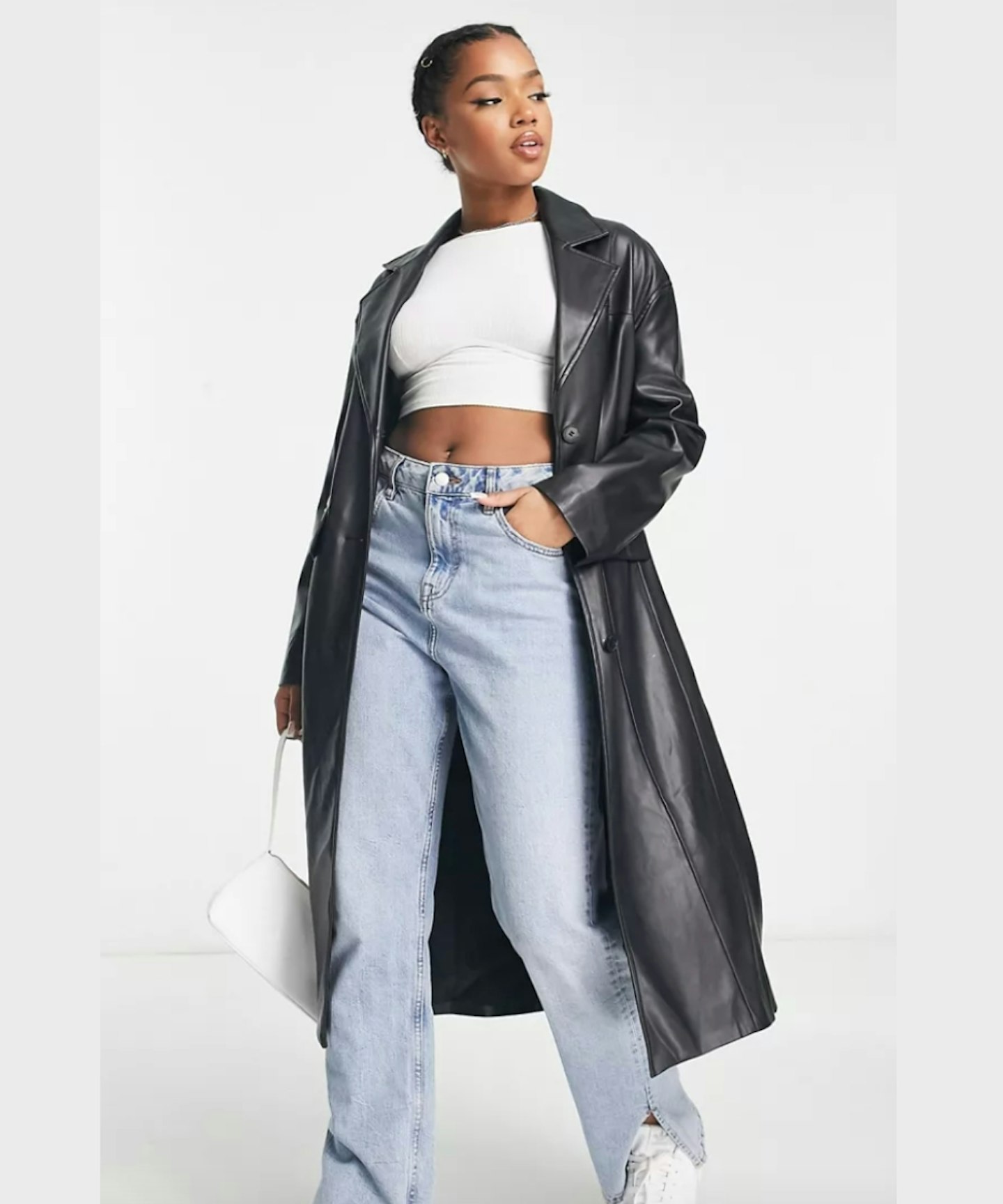 Bershka Faux Leather Seam Detail Tailored Coat in Black