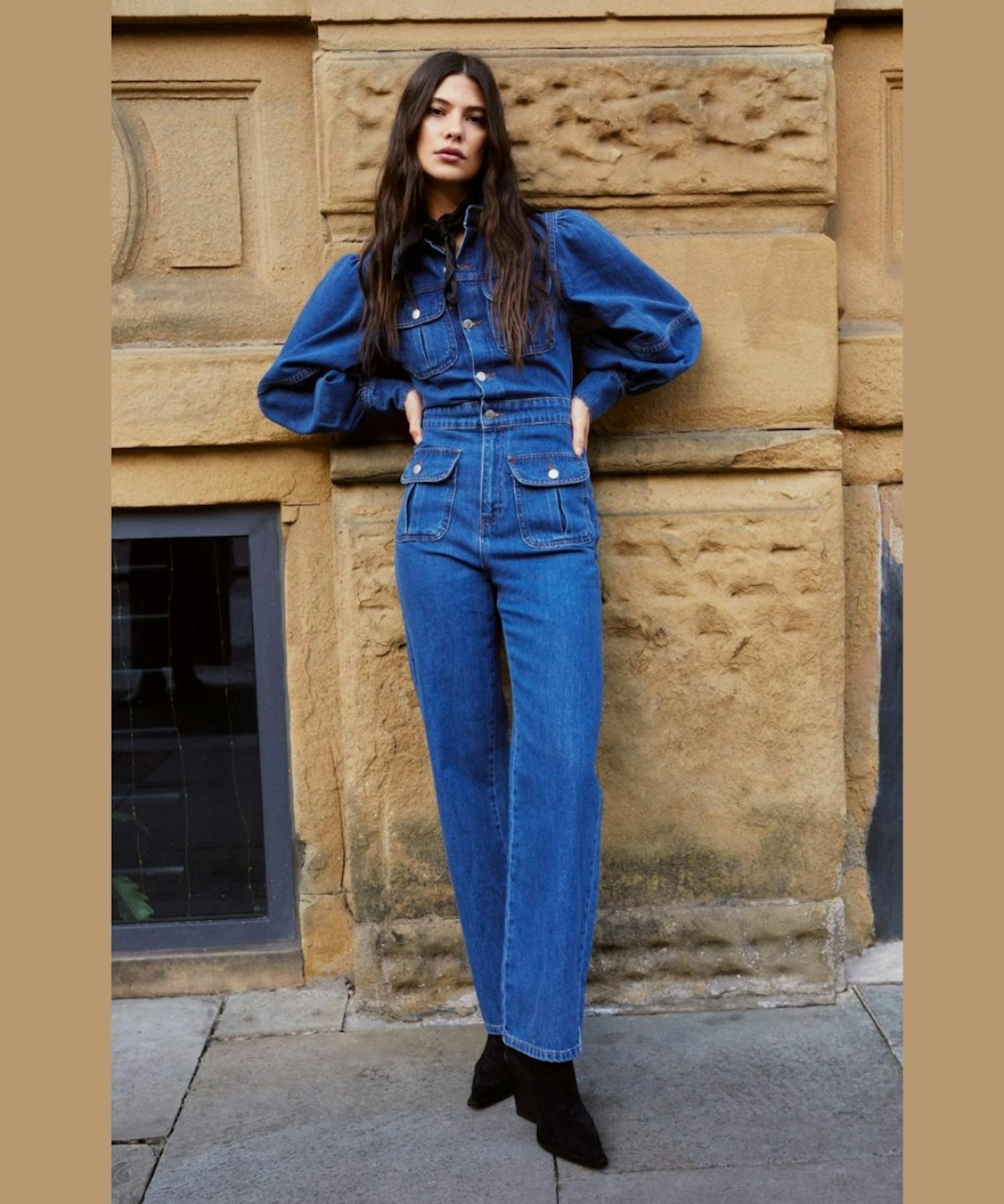 Denim Puff Sleeve Pocket Front Jumpsuit