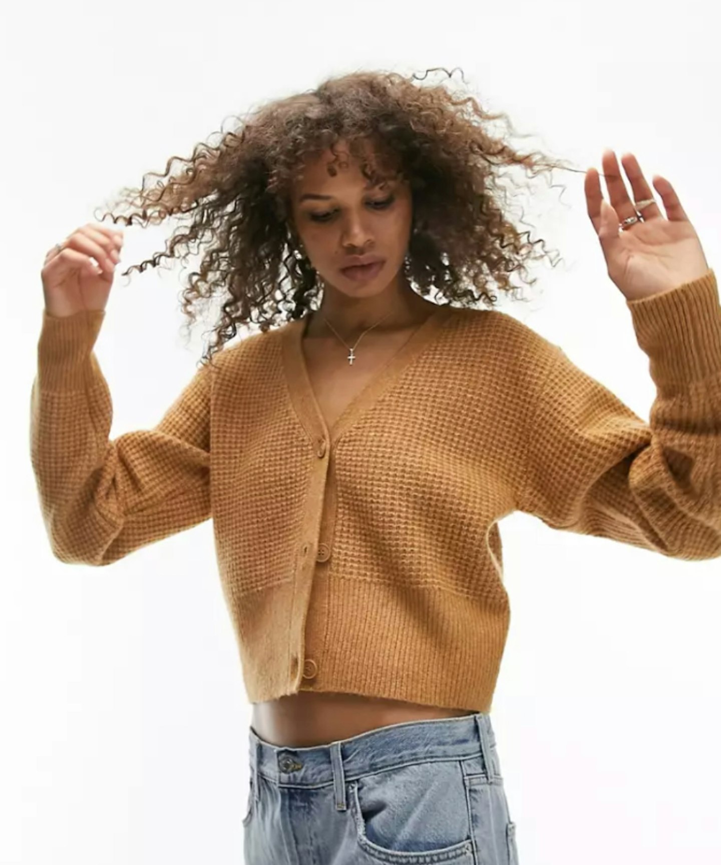 Topshop Tall Knitted Textured Crop Cardigan in Camel