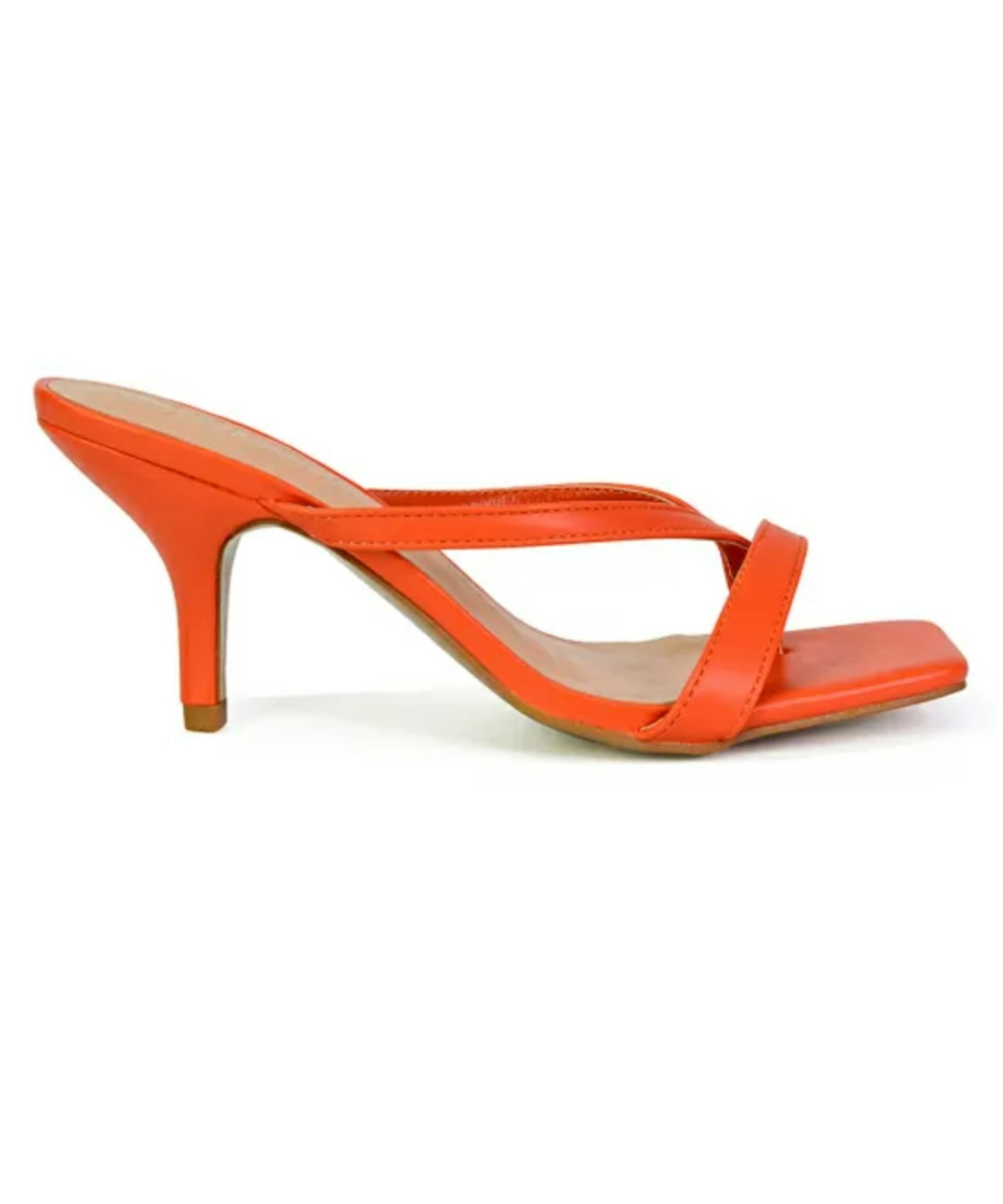 Daria Square Toe Post Strappy Slip on Low Mule Heel Sandals in Orange